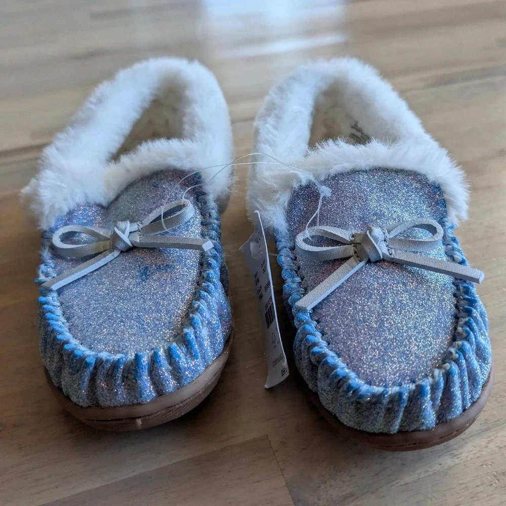 J.Crew Crewcuts Kids Glitter Slippers Size K13 Blue White Faux Fur NEW!